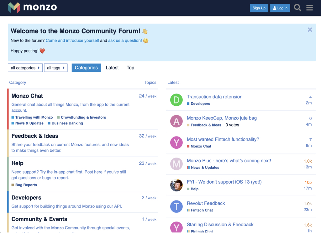 Screenshot of the Monzo online community forum